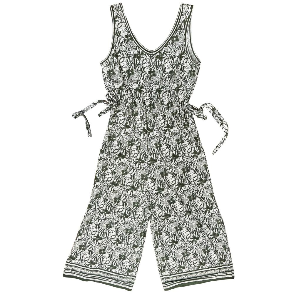 Max Studio Green White Floral Wide Leg Elastic Waist Sleeveless Jumpsuit Size L - Picture 10 of 11